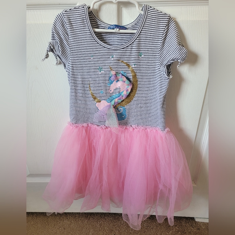 Striped Unicorn Dress with Pink Tulle Skirt